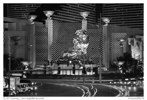 MGM lion and two women images. Las Vegas, Nevada, USA (black and white)
