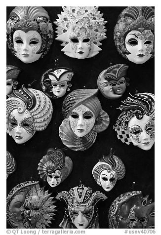 Masks, Venetian casino. Las Vegas, Nevada, USA (black and white)