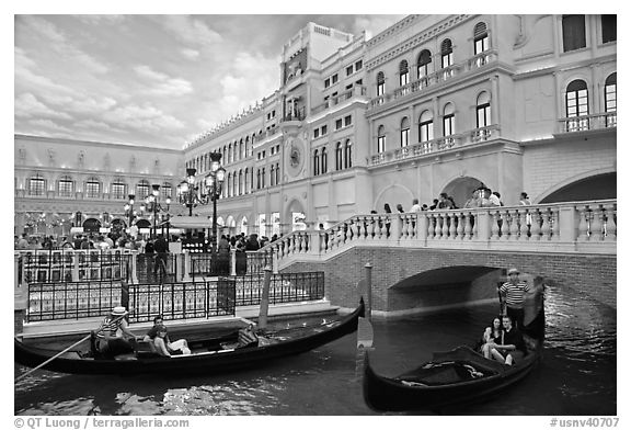 Gondolas and Saint Mark Square inside Venetian hotel. Las Vegas, Nevada, USA (black and white)