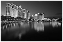 Bellagio and Caesar Palace reflected at dusk. Las Vegas, Nevada, USA (black and white)