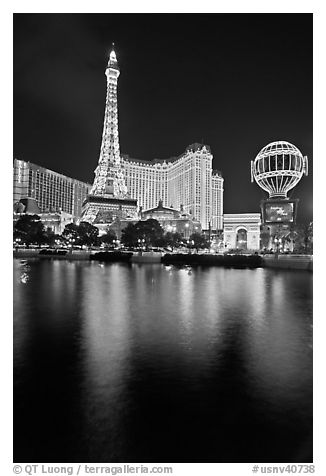 Paris Casino and Eiffel Tower reflected at night. Las Vegas, Nevada, USA (black and white)