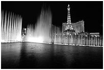 Bellagio fountains and Paris hotel by night. Las Vegas, Nevada, USA (black and white)