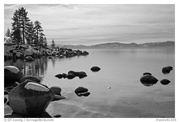 Shoreline in winter,  Sand Harbor, East Shore, Lake Tahoe, Nevada. USA (black and white)