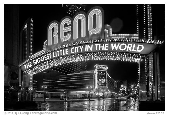 Biggest little city in the world sign by night. Reno, Nevada, USA (black and white)