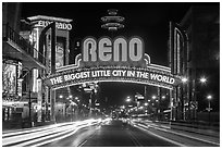 Reno Arch at night with light trails. Reno, Nevada, USA ( black and white)