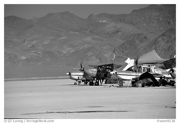 Private airplanes, Black Rock Desert. Nevada, USA (black and white)