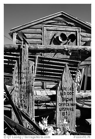 Cabin with old mining equipment, Pioche. Nevada, USA (black and white)