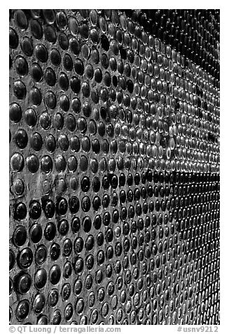 Bottles making up a wall, Rhyolite. Nevada, USA (black and white)