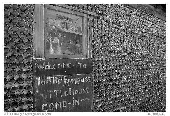 Window and wall,  bottle house, Rhyolite ghost town. Nevada, USA (black and white)