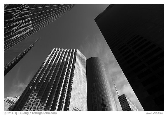 Looking up Skyline District skyscrapers. Houston, Texas, USA (black and white)