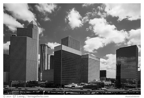 Freeway and Skyline District. Houston, Texas, USA (black and white)