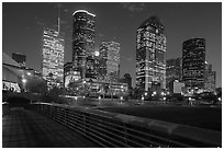 Skyline from footbridge at night. Houston, Texas, USA ( black and white)