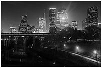 Buffalo Bayou and skyline at night. Houston, Texas, USA ( black and white)