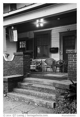 Porch with Texas flag. Houston, Texas, USA (black and white)