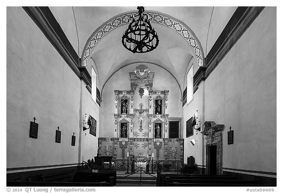 Altar, Mission San Jose church. San Antonio, Texas, USA (black and white)