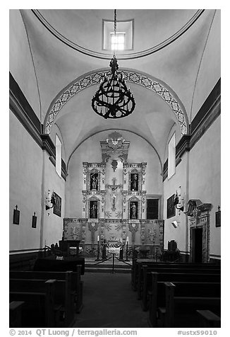 Interior of church, Mission San Jose. San Antonio, Texas, USA (black and white)