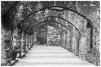Arched walkway leading to the church, Mission San Jose. San Antonio, Texas, USA ( black and white)
