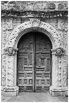 Rear portal to the church, Mission San Jose. San Antonio, Texas, USA ( black and white)