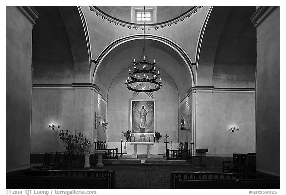 Interior of the church, Mission Concepcion. San Antonio, Texas, USA (black and white)