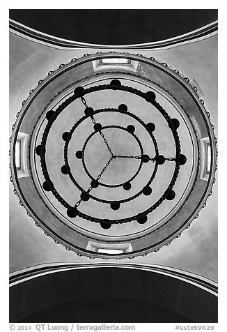 Looking up ceiling in Mission Concepcion Church. San Antonio, Texas, USA (black and white)