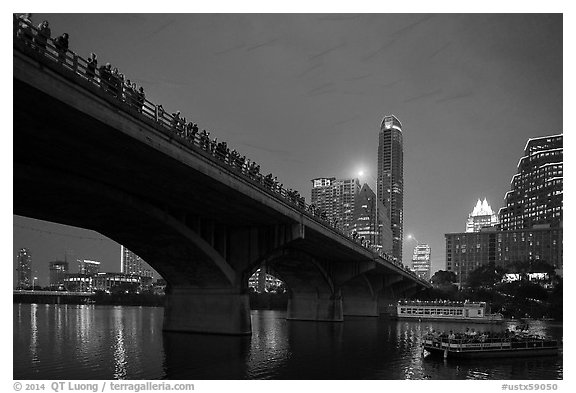 Watching one million bats fly at dusk. Austin, Texas, USA (black and white)