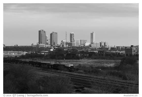 Railroad tracks and skyline. Fort Worth, Texas, USA (black and white)