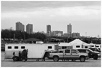 Trucks with horse trailers and skyline. Fort Worth, Texas, USA ( black and white)