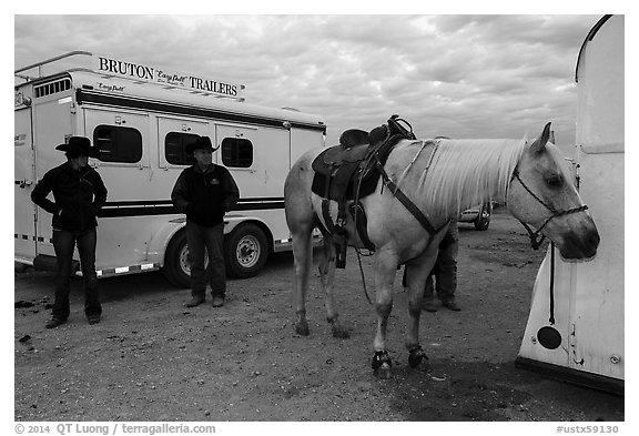 Horse, trailers, and rodeo contestants. Fort Worth, Texas, USA (black and white)