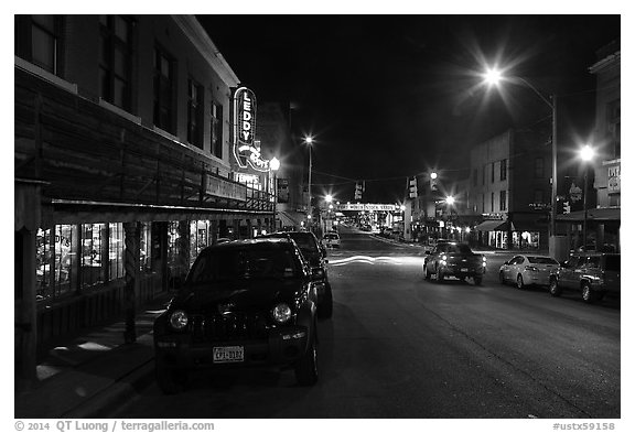 Street at night, Stockyards. Fort Worth, Texas, USA (black and white)