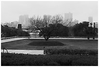 Fort Worth skyline from sculpture garden of Ammon Carter Museum. Fort Worth, Texas, USA ( black and white)