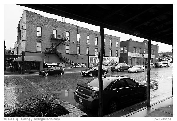 Historic buildings in the rain, Stockyards. Fort Worth, Texas, USA (black and white)