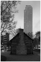 Founder's house and skyscraper at dusk. Dallas, Texas, USA ( black and white)