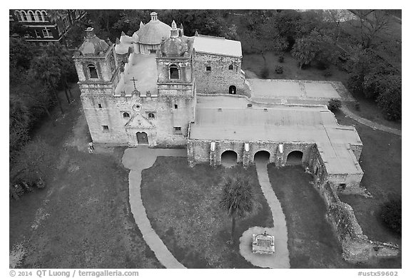 Aerial view of Mission Concepcion. San Antonio, Texas, USA (black and white)