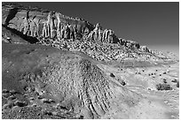 Multicolored badlands and cliffs, Burr Trail. Grand Staircase Escalante National Monument, Utah, USA ( black and white)