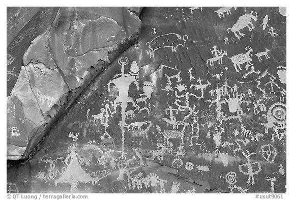 Petroglyphs on Newspaper rock. Utah, USA (black and white)