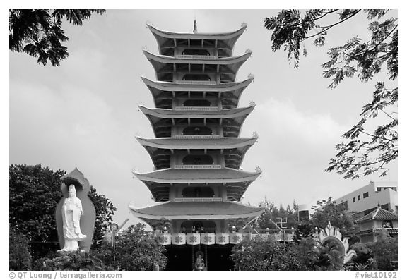 Eight-story tower of Vinh Ngiem pagoda, district 3. Ho Chi Minh City, Vietnam (black and white)