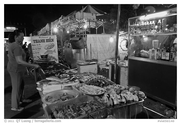 Food stall, Dinh Cau Night Market. Phu Quoc Island, Vietnam (black and white)