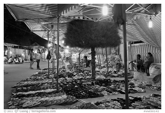 Footwear stall, Dinh Cau Night Market. Phu Quoc Island, Vietnam (black and white)