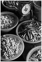 Close up of baskets of seafood and scale, Duong Dong. Phu Quoc Island, Vietnam (black and white)
