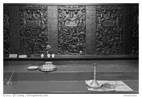 Carved wooden panels Hall of the Ten Hells, Jade Emperor Pagoda, district 3. Ho Chi Minh City, Vietnam (black and white)