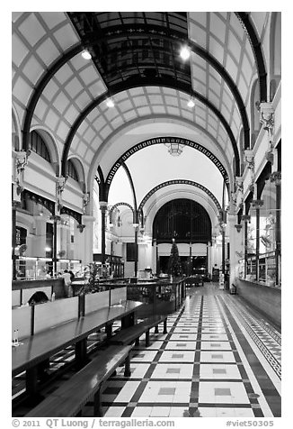 Inside of Central Post office designed by Gustave Eiffel. Ho Chi Minh City, Vietnam (black and white)