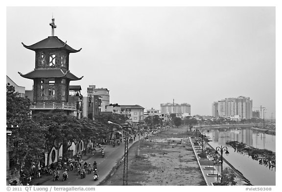 Church on the banks of the Saigon Arroyau. Cholon, Ho Chi Minh City, Vietnam (black and white)
