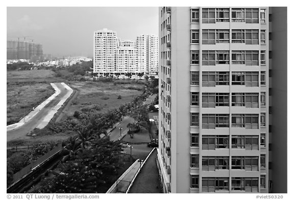 Recent residential high-rise appartment buildings, Phu My Hung, district 7. Ho Chi Minh City, Vietnam (black and white)