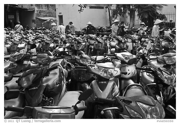 Motorcycle parking area. Ho Chi Minh City, Vietnam (black and white)