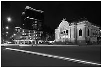 Opera House and Hotel Continental at night. Ho Chi Minh City, Vietnam (black and white)