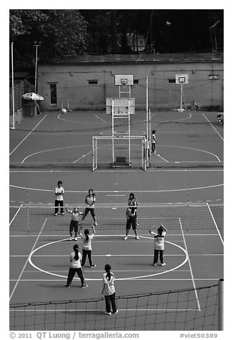 Girls Volleyball match, Cong Vien Van Hoa Park. Ho Chi Minh City, Vietnam (black and white)