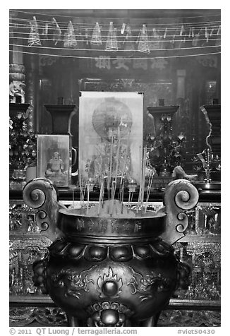 Urn and incense, Ha Chuong Hoi Quan Pagoda. Cholon, District 5, Ho Chi Minh City, Vietnam (black and white)