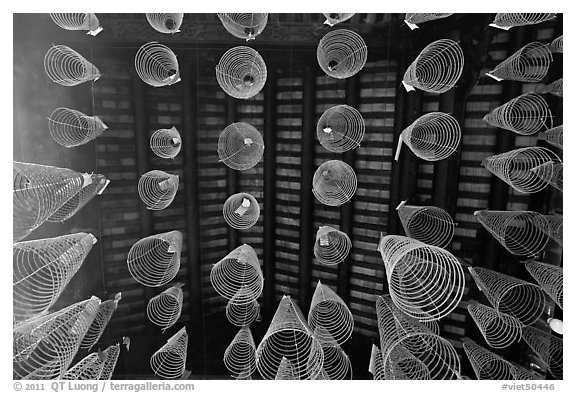 Incense coils and roof from below, Thien Hau Pagoda. Cholon, District 5, Ho Chi Minh City, Vietnam (black and white)