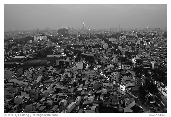 View of Cholon, from above at dusk. Cholon, Ho Chi Minh City, Vietnam (black and white)