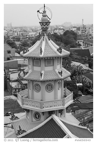 Back tower, Saigon Caodai temple, district 5. Ho Chi Minh City, Vietnam (black and white)